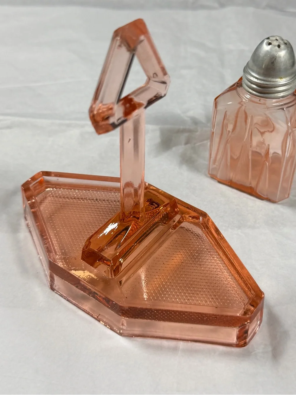 Vintage Pink Depression Glass Condiment Caddy Stand & Single Shaker Art Deco
